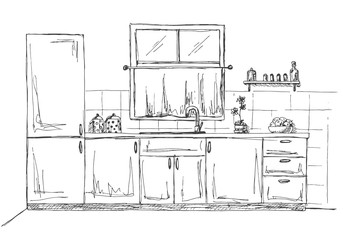 Sketch kitchen with a window. Vector illustration in a sketch style.