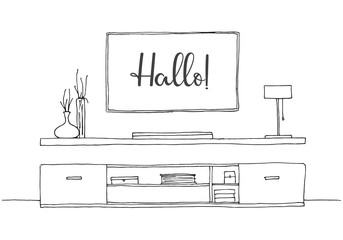 Linear sketch of the interior. Dresser with TV and shelves. Vector illustration.