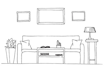 Linear sketch of an interior. Room plan. Vector illustration. Linear sketch of the interior.