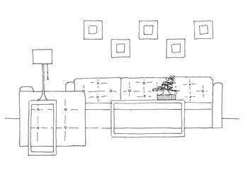 Sofa, chair, lamp and table with potted plant. Hand drawn vector illustration of a sketch style.