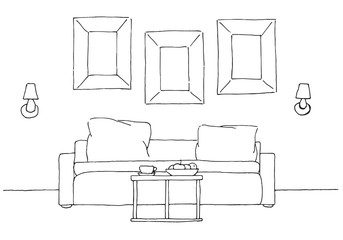 Linear sketch of an interior. Sofa, table, lamp and picture.Hand drawn vector illustration of a sketch style.