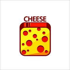 Cheese cube, slice, logotype and button, vector illustration isolated on white background