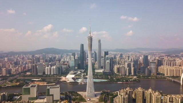sunny day guangzhou city downtown pearl river canton tower aerial panorama 4k timelapse china
