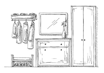Furniture in the hallway. Chest of drawers, wardrobe, hanger, mirror and decoration. Vector illustration in sketch style.