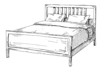 Double bed isolated on white background. Vector illustration in sketch style. - obrazy, fototapety, plakaty