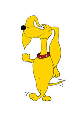 Yellow cheerful fantastic dancing dog (dachshund) drawn on paper