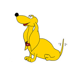 Yellow cheerful fantastic dog (dachshund) drawn on paper