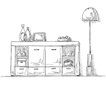 Chest of drawers, lamp and decoration. Vector illustration of a sketch style.