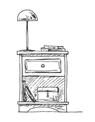 Bedside table with a lamp. Vector illustration in sketch style.
