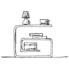 Bedside table with a lamp. Vector illustration in sketch style.