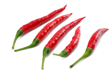 red hot chili peppers isolated on white background top view