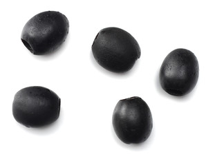 Fototapeta na wymiar Marinated slices black olives isolated on white background. top view