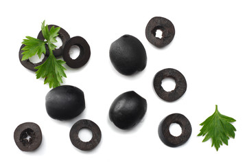 Marinated slices black olives isolated on white background. top view