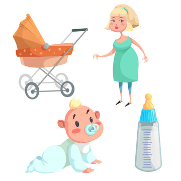 Cartoon happy infancy set. Mother, baby boy with dummy crawl, feed bottle with milk and orange bed pram. Vector illustration.
