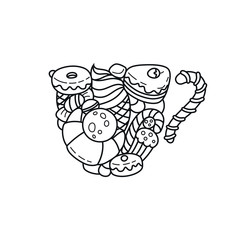 Vector coloring book adult illustration, meditation and relax. Black and white cake and bakery isolated image.