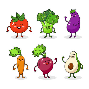 Cartoon funny vegetable characters. Happy food sticker, big collection. Carrot, tomato, broccoli.