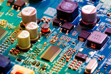 Electronic circuit board close up.