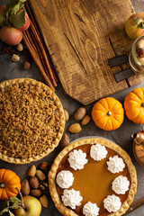 Fall traditional pies pumpkin, pecan and apple crumble