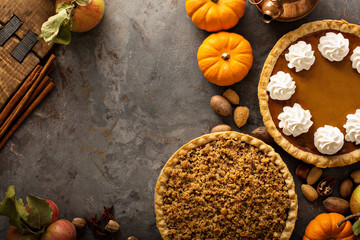 Fall traditional pies pumpkin, pecan and apple crumble