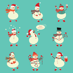Winter snowman set. Funny snowmen in different suits. Vector.