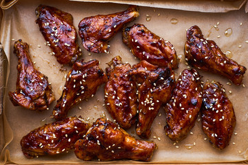 Hot homemade teriyaki chicken wings top view