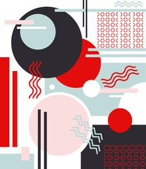 Composition of geometric shapes with circles and lines with use of fashionable colors. Abstraction. Deep red, pink, black, celadon. The vertical arrangement. Vector