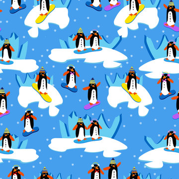 Penguins snowboarding seamless pattern