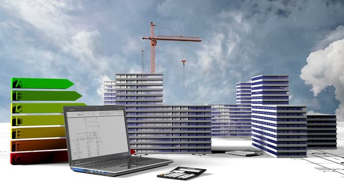 Elements of construction, Construction of a residential microdistrict in the background of a cloud time lapse, the concept of the construction industry, video loop