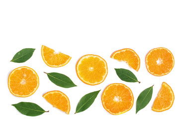 slices of tangerine with leaves isolated on white background with copy space for your text. Flat lay, top view.