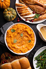 Mashed sweet potatoes on Thanksgiving table