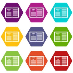 Business strategy plan icon set color hexahedron