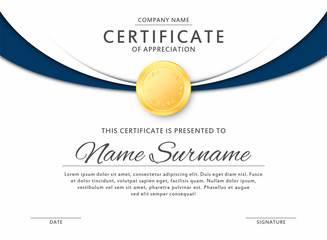 Certificate template in elegant black and blue colors. Certificate of appreciation, award diploma design template