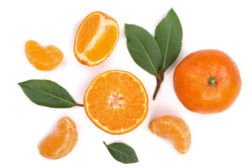orange or tangerine with leaves isolated on white background. Flat lay, top view. Fruit composition