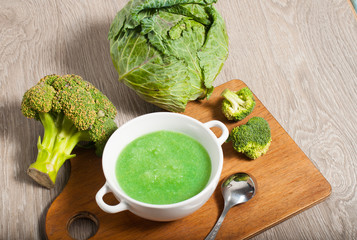 cream of broccoli and cabbage soup, vegetarian food, concept of healthy food