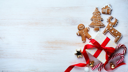 Christmas holidays ornament flat lay; Christmas card background