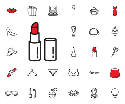 Lipstick icon. Beauty, Cosmetic, Shopping and Makeup Vector Icons Set . Cosmetic products, makeup brushes, lipstick, perfume, eye makeup. Women accessories. Fashion icons