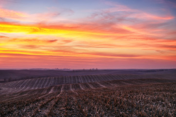 Obraz premium hilly field. beautiful sky over a hilly field