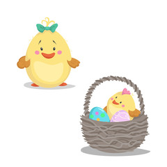 Cartoon boy and girl newborn chickens and basket with easter painted eggs. Easter flat design icon symbols. Vector illustration.