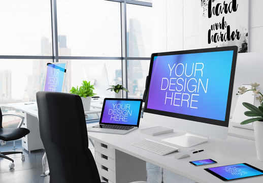 City Office Desk with 5 Devices Mockup
