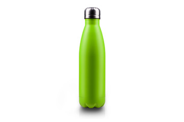 Stainless thermos water bottle, isolated on white background. Light green color.