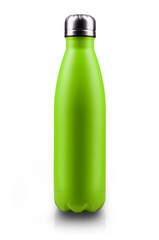 Stainless thermos water bottle, isolated on white background. Light green color. Vertical photo.