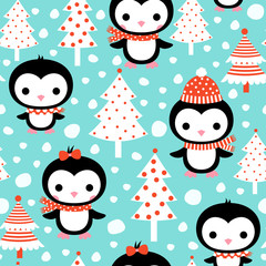 Cute vector seamless pattern with kawaii penguins with scarves and hats and Christmas trees for winter and holiday designs, backgrounds and clothing