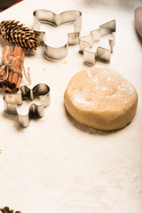 Gingerbread cookies making concept, selective focus, top view, raw dough ball on table with wooden roller, tree man cutters, pine branches on white table with flour, festive decoration copy space 