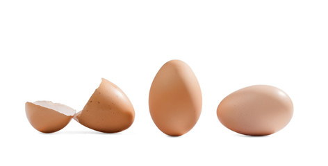 Chicken eggs and eggshell isolated on white.