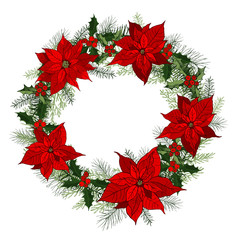 Traditional classic Christmas wreath with Poinsettias. Vector hand-drawn illustration.