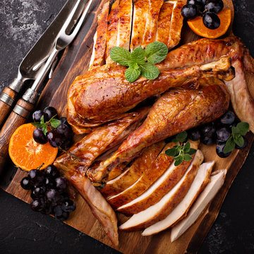 Carved turkey on a cutting board