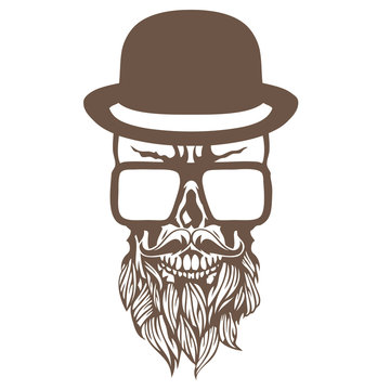 Crâne hipster barbu avec  moustache et chapeau