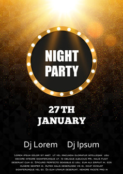 Night party flyer template design. Gold and black vector background