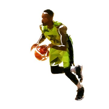 Low poly basketball player running with ball, abstract vector illustration