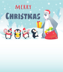Polar bear gives gifts to penguins